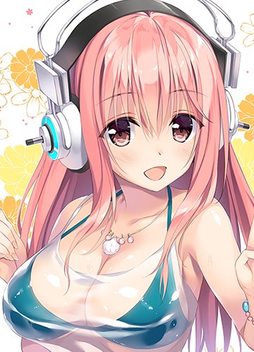 1girl :d bare_arms bare_shoulders bikini_top blush bracelet breasts cleavage collarbone copyright_request eyebrows_visible_through_hair floral_background green_bikini_top headphones jewelry large_breasts long_hair looking_at_viewer lowres necklace nitroplus open_mouth oryou pendant pink_hair red_eyes seashell see-through shell smile solo super_sonico tareme upper_body
