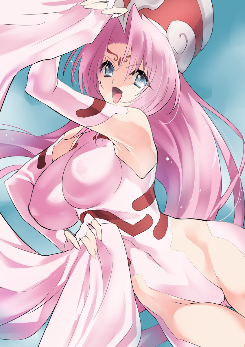 1girl :d bangs blue_background blue_eyes breasts cowboy_shot elbow_gloves facial_mark forehead_mark gloves hat highleg highleg_leotard highres houshin_engi jako_(toyprn) large_breasts leotard long_hair looking_at_viewer open_mouth parted_bangs pink_hair smile so_dakki solo tattoo thigh_gap white_gloves white_leotard