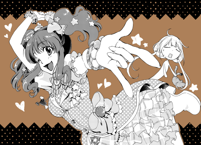 2girls :3 :d \m/ arm_up bangs bow bowtie bracelet breasts brown_background buttons cowboy_shot dress eyelashes facing_away fingernails frilled_dress frilled_sleeves frills futaba_anzu hair_bow hair_ornament heart idolmaster idolmaster_cinderella_girls jewelry leg_up long_hair looking_at_viewer low_twintails medium_breasts monochrome moroboshi_kirari multiple_girls nekomaru open_mouth platform_footwear puffy_short_sleeves puffy_sleeves scrunchie short_sleeves sidelocks smile solo_focus star star_hair_ornament stuffed_animal stuffed_bunny stuffed_toy tareme tongue twintails wrist_scrunchie