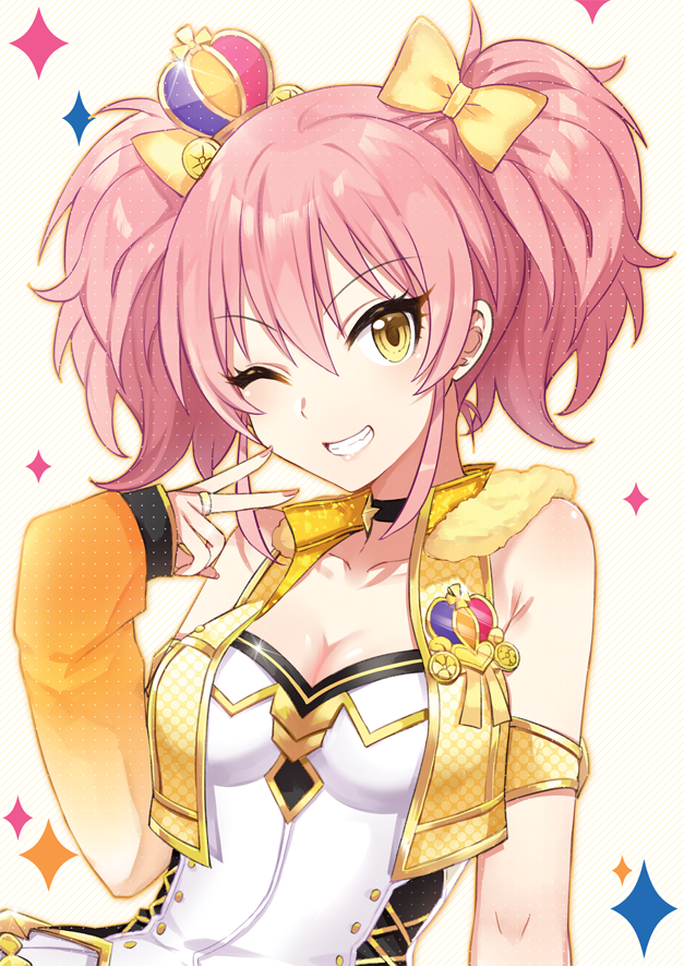 1girl ;d asymmetrical_sleeves bow breasts choker cleavage collarbone crown detached_sleeves eyebrows_visible_through_hair grin hair_between_eyes hair_bow idolmaster idolmaster_cinderella_girls jewelry jougasaki_mika long_hair medium_breasts mini_crown nail_polish one_eye_closed open_mouth party_time_gold pink_hair pink_nails ring simple_background smile solo tong1494 twintails upper_body white_background yellow_bow yellow_eyes