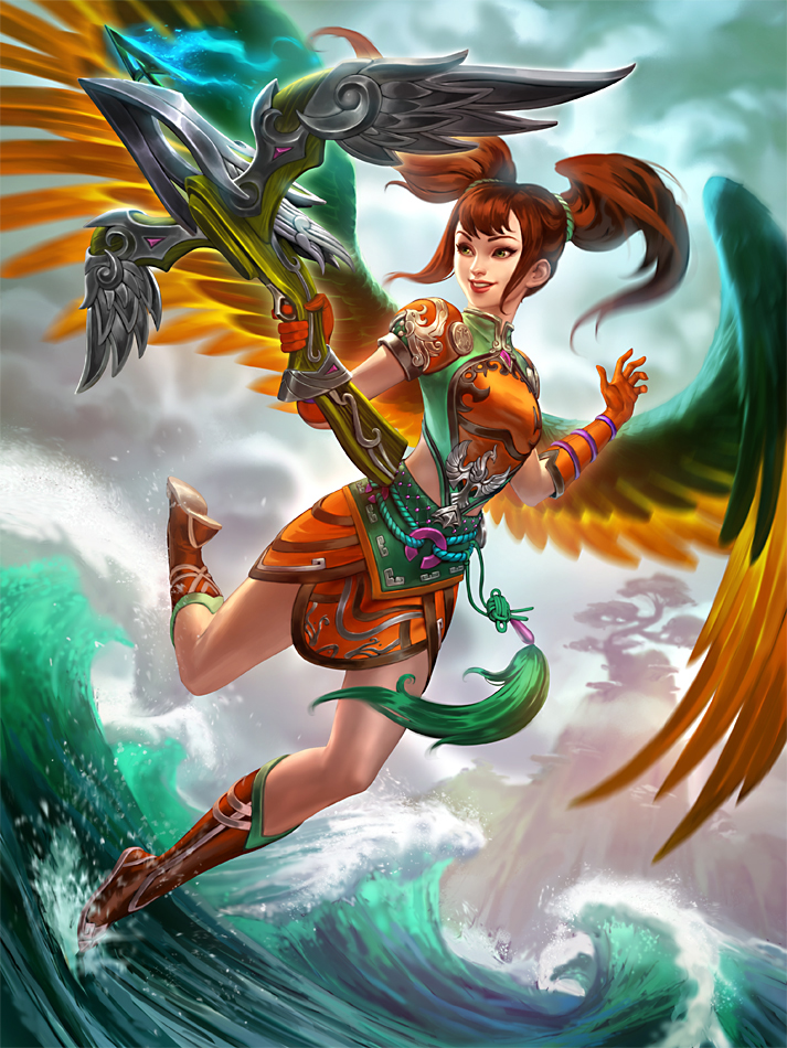 1girl arrow boots bow_(weapon) chinese_clothes clouds cloudy_sky crossbow feathered_wings gloves green_eyes jing_wei_(smite) long_hair ocean official_art orange_hair rock simon_eckert sky smite solo teeth tree twintails water weapon wings