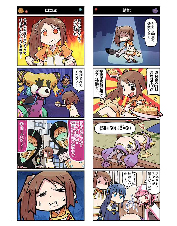 &gt;_&lt; 5girls ^_^ bangs black_gloves blonde_hair blue_eyes blue_hair blunt_bangs brown_hair bubble_skirt cloak closed_eyes comic crying dress empty_eyes familiar_(madoka_magica) food fried_rice frying_pan gloves goggles goggles_on_headwear hair_ribbon hood hooded_cloak horned_headwear kaname_madoka kyubey ladle long_hair magia_record:_mahou_shoujo_madoka_magica_gaiden magical_girl mahou_shoujo_madoka_magica midriff mitsuki_felicia multiple_girls nanami_yachiyo one_side_up open_mouth orange_eyes papa pink_eyes pink_hair puffy_short_sleeves puffy_sleeves ribbon short_hair short_sleeves short_twintails sidelocks skirt smile soul_gem stomach_bulge streaming_tears tamaki_iroha tears translation_request twintails white_gloves white_legwear witch_(madoka_magica) yui_tsuruno