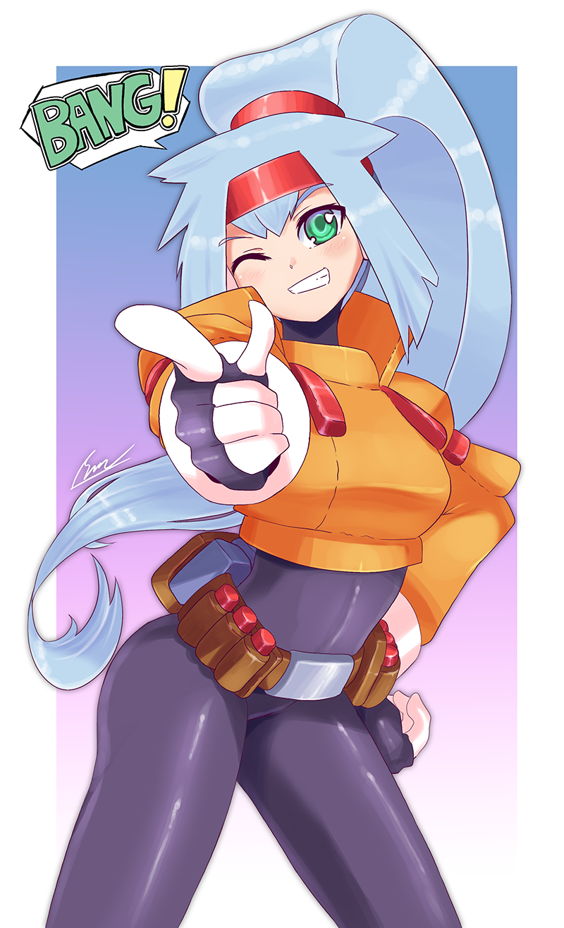 ! 1girl ashe_(rockman) bang belt blue_hair blush bodysuit breasts capcom finger_gun gloves green_eyes hand_on_hip head_tilt headband high_collar high_ponytail highres index_finger_raised inti_creates leaning_forward legs_apart long_hair looking_at_viewer medium_breasts one_eye_closed onomatopoeia pointing pointing_at_viewer ponytail rockman rockman_zx rockman_zx_advent shiny shiny_hair shoutaro_saito silver_hair smile solo spandex speech_bubble teeth very_long_hair