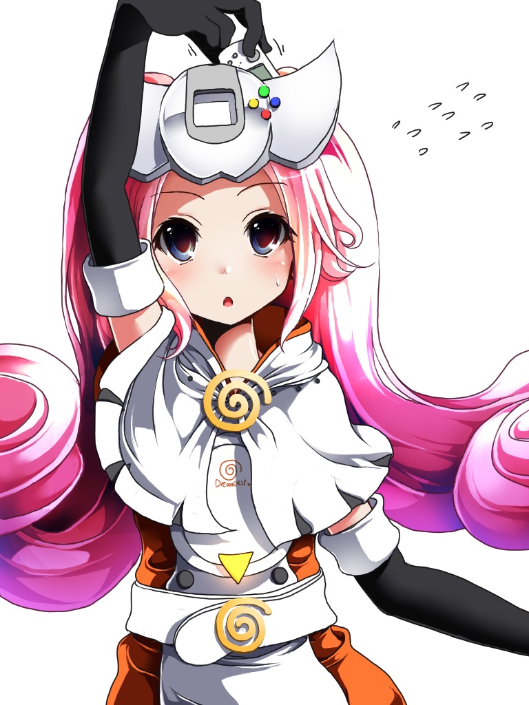 1girl :o arm_at_side arms_up belt black_gloves blue_eyes blush buttons capelet curly_hair dot_nose dress elbow_gloves eyebrows eyebrows_visible_through_hair eyelashes facing_viewer game_console gloves headpiece kigiri long_hair looking_away looking_up motion_lines open_mouth pink_hair sega_dreamcast sega_dreamcast_(sega_hard_girls) sega_hard_girls sidelocks simple_background solo sweat tareme tongue twintails white_background white_belt white_capelet