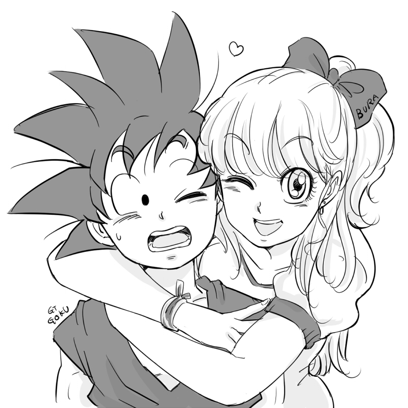 1boy 1girl ;d age_difference black_eyes black_hair bra_(dragon_ball) bracelet character_name dougi dragon_ball dragon_ball_gt earrings eyebrows_visible_through_hair greyscale hair_ribbon heart hug hug_from_behind jewelry looking_at_another looking_at_viewer miiko_(drops7) monochrome nervous one_eye_closed open_mouth ribbon smile son_gokuu spiky_hair