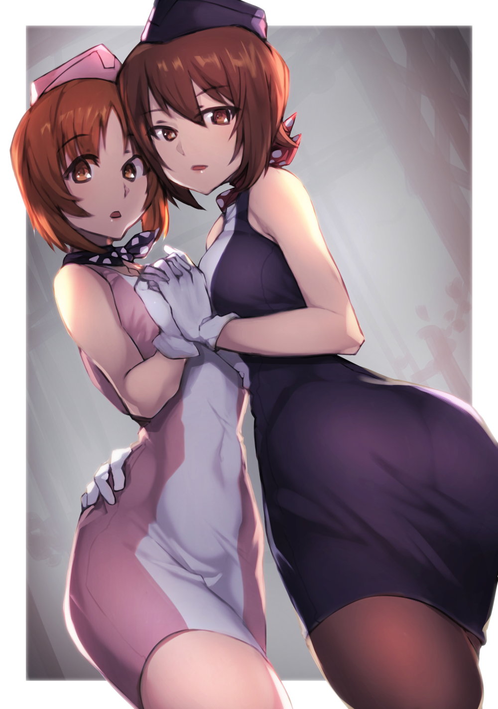 2girls ass bangs bare_arms black_legwear breasts brown_eyes brown_hair commentary_request dress eyebrows_visible_through_hair from_behind garrison_cap girls_und_panzer hand_on_another's_hip hat highres interlocked_fingers leaning_forward looking_at_viewer looking_back medium_breasts multiple_girls nishizumi_maho nishizumi_miho open_mouth outside_border pantyhose pink_hat red_neckwear short_hair siblings sisters sleeveless sleeveless_dress standing yamaori_(yamaorimon)