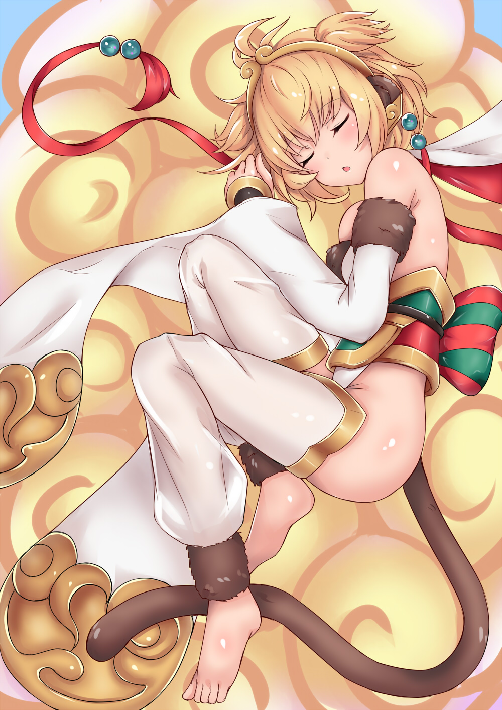 1girl anchira_(granblue_fantasy) bangs bare_shoulders barefoot blonde_hair blush breasts detached_sleeves erun_(granblue_fantasy) etan14 feet granblue_fantasy hairband highres long_sleeves lying monkey_ears monkey_tail on_side parted_lips revealing_clothes short_hair sleeping small_breasts solo tail thigh-highs white_legwear wide_sleeves