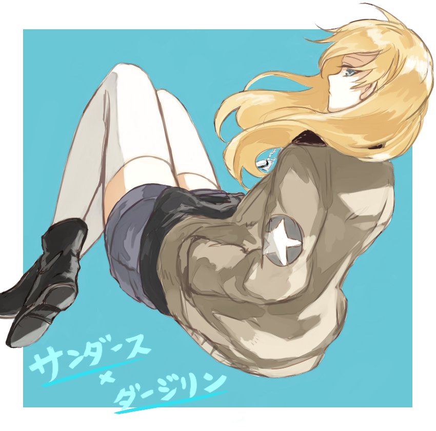 1girl blonde_hair blue_background boots dog_tags girls_und_panzer hands_in_pockets kay_(girls_und_panzer) long_hair looking_at_viewer outside_border saunders_military_uniform shorts sketch solo thigh-highs white_border white_legwear yuuyu_(777)