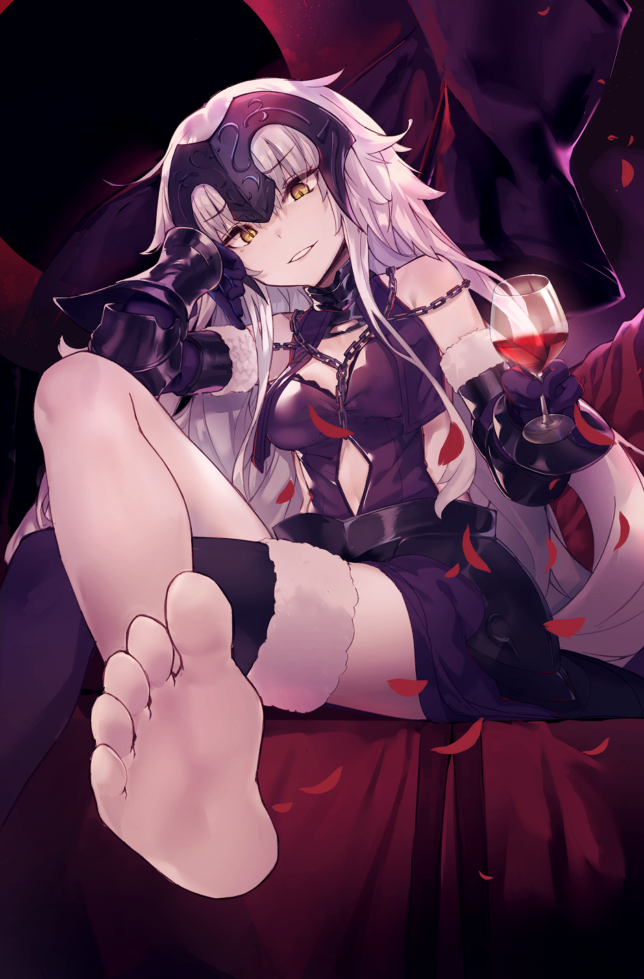 1girl akieda arm_support armor armored_dress barefoot black_gloves capelet cup drinking_glass fate/grand_order fate_(series) feet fur_trim gauntlets gloves headpiece highres jeanne_alter long_hair looking_at_viewer petals pov_feet ruler_(fate/apocrypha) single_thighhigh sketch soles solo thigh-highs toes wine_glass yellow_eyes