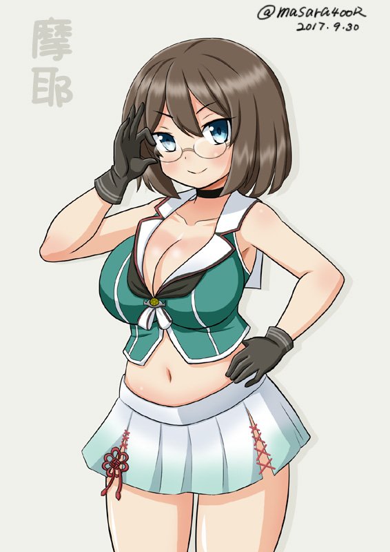 &gt;:) 1girl adjusting_eyewear bare_shoulders bespectacled black_gloves black_neckwear blue_eyes blush breasts brown_hair choker cleavage closed_mouth cowboy_shot dated glasses gloves gradient_clothes gradient_skirt green_vest grey_background hand_on_hip hand_up kantai_collection large_breasts looking_at_viewer masara_(masalucky2010) maya_(kantai_collection) miniskirt navel no_hat no_headwear pleated_skirt remodel_(kantai_collection) rimless_eyewear short_hair simple_background skirt sleeveless smile solo standing stomach thighs twitter_username vest