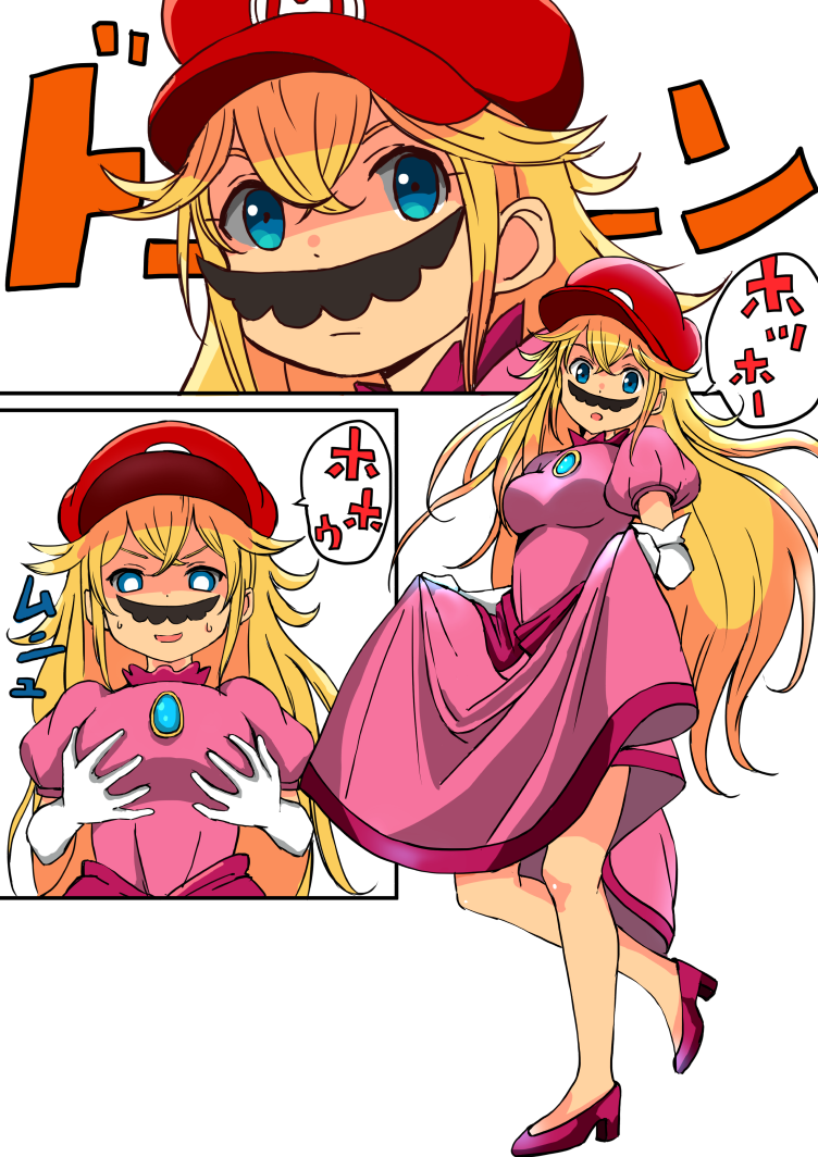 1girl blonde_hair blue_eyes blush breast_grab breasts cappy_(mario) dress dress_lift facial_hair gameplay_mechanics grabbing hat long_hair mustache open_mouth possessed princess_peach shougakusei smile solo super_mario_bros. super_mario_odyssey