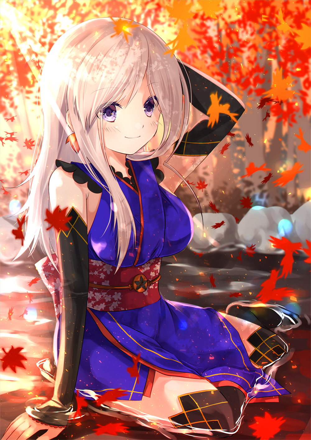 1girl alternate_hairstyle autumn autumn_leaves blue_eyes blush breasts detached_sleeves earrings fate/grand_order fate_(series) forest hand_in_hair highres in_water iroha_(shiki) japanese_clothes jewelry kimono large_breasts leaf looking_at_viewer miyamoto_musashi_(fate/grand_order) nature pink_hair sash sitting smile solo thigh-highs water