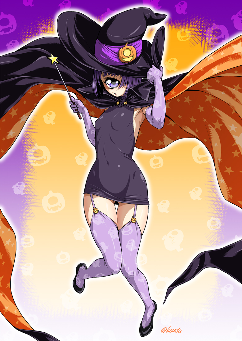 1girl armpits breasts cape covered_navel cyclops elbow_gloves full_body gloves gluteal_fold halloween_costume hand_on_headwear hat knees_together_feet_apart kouda_tomohiro manako monster_musume_no_iru_nichijou one-eyed purple_hair short_hair signature skin_tight small_breasts solo thigh-highs violet_eyes wand wide_hips witch_hat