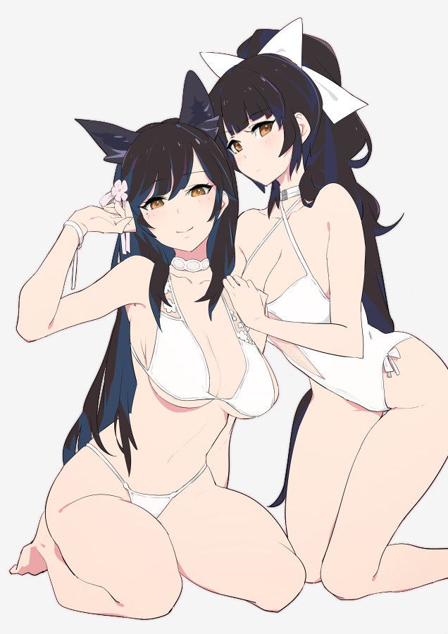 2girls animal_ears arm_up atago_(azur_lane) azur_lane bangs barefoot bikini black_hair blunt_bangs bow breasts brown_eyes casual_one-piece_swimsuit choker cleavage closed_mouth criss-cross_halter eyebrows_visible_through_hair flower grey_background hair_bow hair_flower hair_ornament halterneck hand_on_another's_shoulder kneeling large_breasts leaning_forward mole mole_under_eye multiple_girls navel one-piece_swimsuit ponytail simple_background sitting smile sohin string_bikini swept_bangs swimsuit takao_(azur_lane) wariza white_bikini wristband