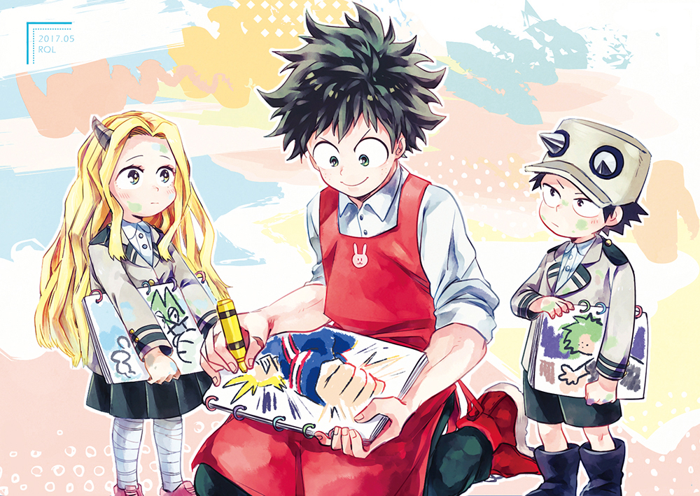 1girl 2boys abstract_background all_might alternate_costume alternate_eye_color alternate_hair_color apron artist_name bandaged_leg bandages bangs baseball_cap black_eyes black_pants blazer blonde_hair blue_footwear blush_stickers boku_no_hero_academia boots child_drawing closed_mouth commentary_request crayon cross-laced_footwear dated dotted_line double_horizontal_stripe drawing dress_shirt eri_(boku_no_hero_academia) excited female_child fingernails freckles green_eyes green_hair green_shorts green_skirt hat head_down holding holding_crayon holding_sketchbook horns izumi_kouta jacket knee_boots kneeling light_frown long_hair long_sleeves looking_at_another looking_down male_child midoriya_izuku multiple_boys paint_splatter paint_splatter_on_face pants partial_commentary pink_footwear pleated_skirt red_apron red_footwear reiquil scar scar_on_hand school_uniform shirt shoes short_eyebrows short_hair shorts single_horn sketchbook skirt sleeves_rolled_up smile sneakers spiky_hair standing u.a._school_uniform v-shaped_eyebrows white_shirt wing_collar