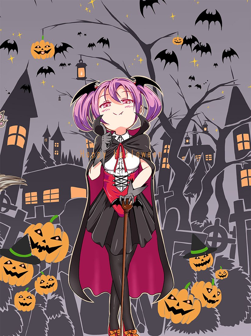1girl bat bat_wings bow breasts building cane cape check_commentary commentary_request cross fang finger_to_cheek full_body gloves hair_between_eyes halloween halloween_costume happy_halloween hat head_wings jack-o'-lantern kantai_collection legs_together looking_at_viewer night pantyhose pink_eyes pink_hair pleated_skirt sazanami_(kantai_collection) shino_(ponjiyuusu) shirt shoe_bow shoes skirt sleeveless small_breasts solo standing tree twintails vampire_costume window wings witch_hat