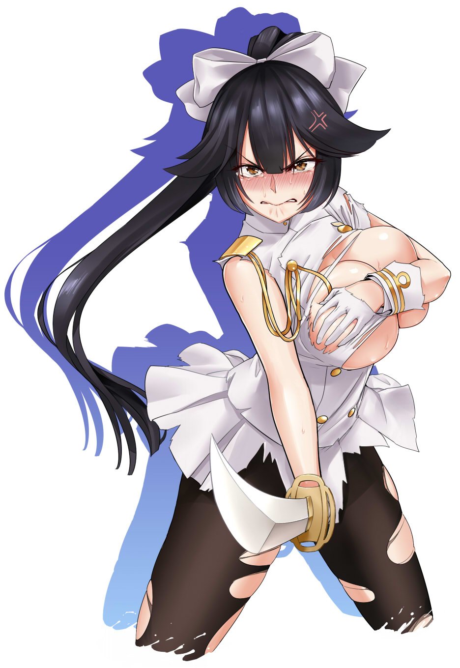 1girl anger_vein azur_lane black_hair black_legwear blush bow breasts breasts_outside buttons clenched_teeth covering covering_breasts epaulettes gloves hair_between_eyes hair_bow highres holding holding_sword holding_weapon jacket large_breasts long_hair looking_at_viewer pantyhose ponytail silhouette skindentation skirt solo sword takao_(azur_lane) teeth torn_clothes wanao weapon white_gloves white_jacket white_skirt