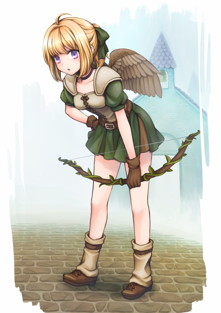 1girl ahoge bell belt blonde_hair blue_eyes bow_(weapon) brown_footwear brown_gloves building fantasy full_body gloves green_skirt hand_on_hips leaning_forward nanao_(doccoisho) original path road skirt solo standing weapon wings