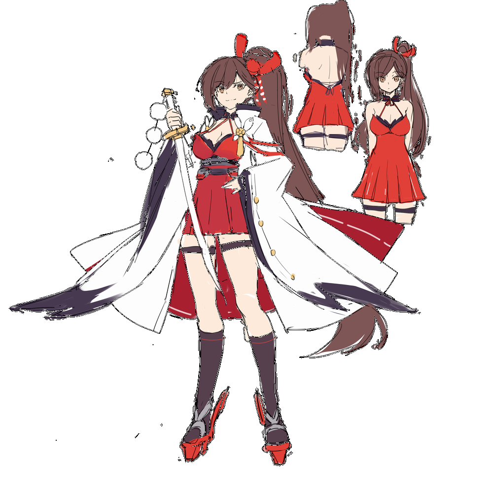1girl artist_request azur_lane black_legwear breasts brown_eyes brown_hair cleavage closed_eyes dress eyebrows_visible_through_hair full_body hair_ornament hair_ribbon hand_on_hip holding holding_sword holding_weapon kneehighs long_hair long_sleeves multiple_views ponytail red_dress red_ribbon ribbon rudder_shoes smile solo spaghetti_strap sword transparent_background unfinished very_long_hair weapon white_coat wide_sleeves zuikaku_(azur_lane)