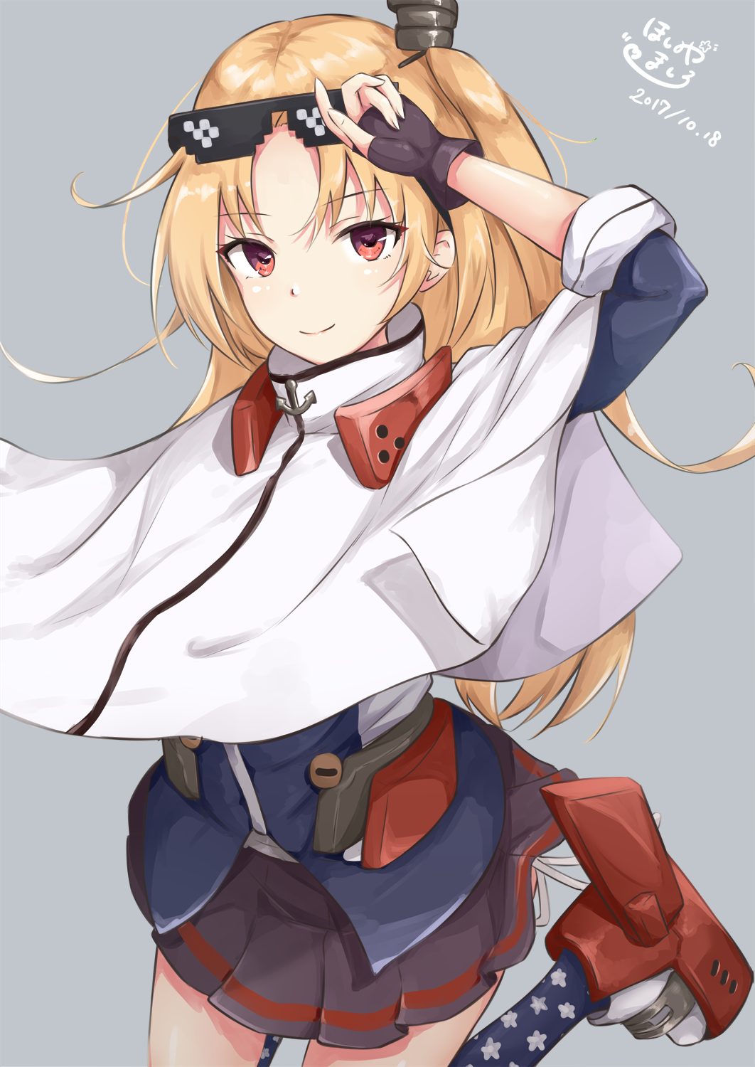 1girl american_flag_legwear anchor arm_up azur_lane bangs belt black_skirt blonde_hair blue_shirt capelet cleveland_(azur_lane) commentary_request eyebrows_visible_through_hair eyewear_on_head fingerless_gloves gloves grey_background hair_ornament highres hoshimiya_mashiro long_hair looking_at_viewer meme one_side_up parted_bangs platform_footwear pleated_skirt red_eyes red_footwear rudder_shoes shirt simple_background skirt smile solo sunglasses wind