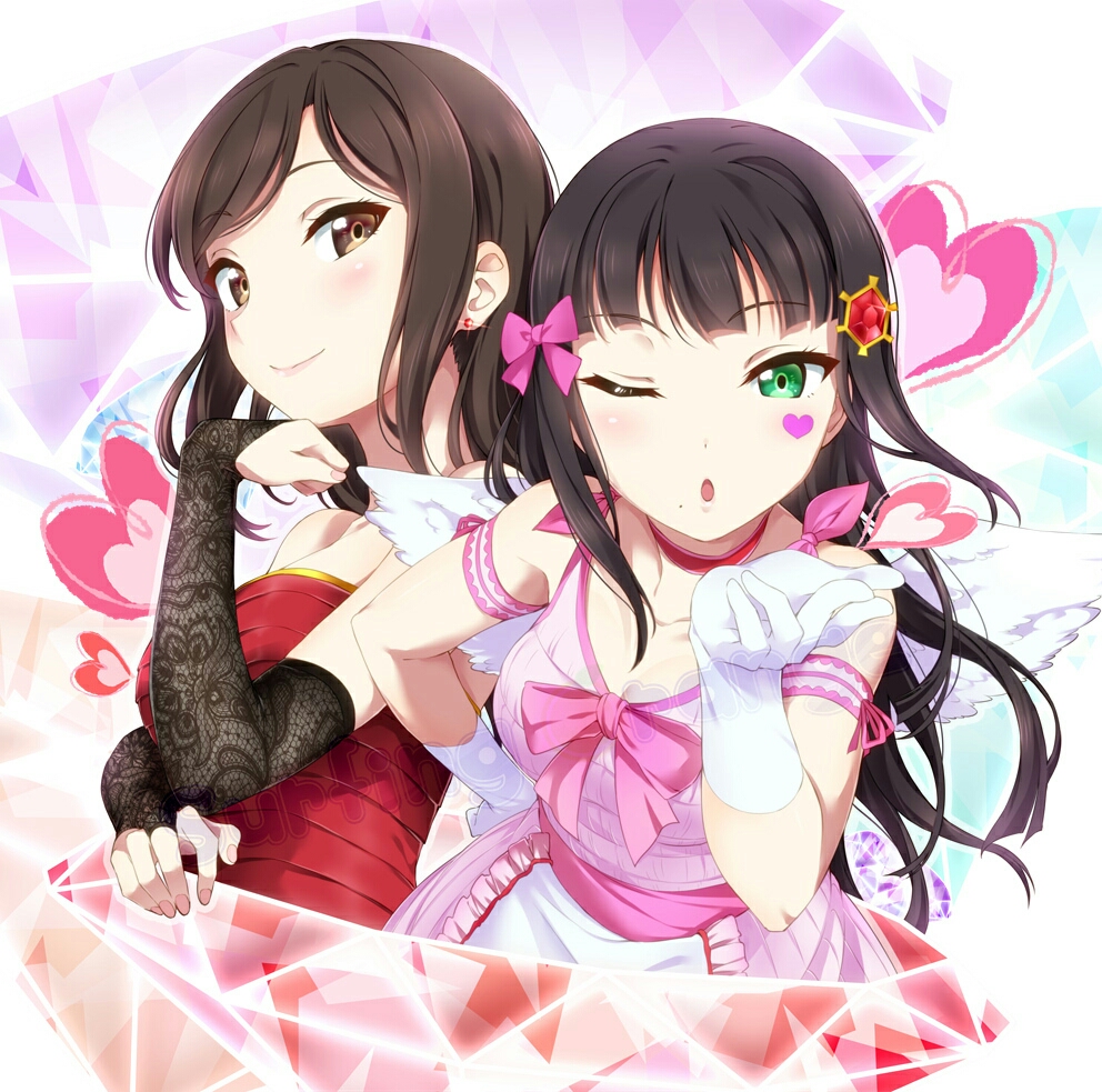 2girls ;o angel_wings apron artist_name bangs blunt_bangs blush bow bridal_gauntlets brown_eyes character_request choker closed_mouth collarbone dress earrings eyebrows_visible_through_hair facepaint frilled_apron frills gem glint gloves green_eyes hair_bow hair_ornament hairpin heart jewelry komiya_arisa kurosawa_dia leaning_forward long_hair looking_at_viewer love_live! love_live!_sunshine!! mole mole_under_mouth multiple_girls nail_polish one_eye_closed open_mouth pink_bow pink_dress pink_nails red_dress red_neckwear sleeveless sleeveless_dress smile strapless strapless_dress stud_earrings surfing_orange swept_bangs tsurime waist_apron white_apron white_gloves white_wings wings