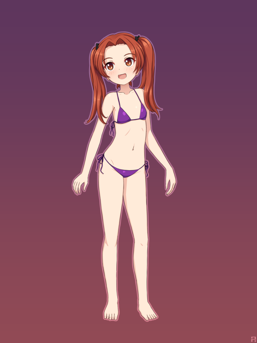 1girl aposine barefoot bikini brown_eyes brown_hair flat_chest full_body girls_und_panzer gradient gradient_background hair_ornament highres kadotani_anzu long_hair navel open_mouth purple_background purple_bikini side-tie_bikini smile solo standing swimsuit twintails