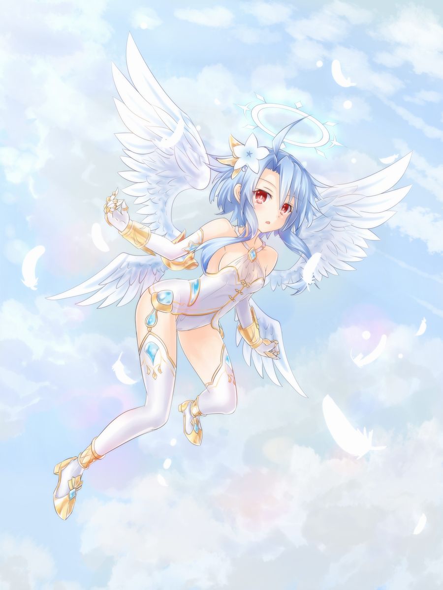 1girl ahoge angel angel_wings blue_hair blush breasts feathered_wings feathers four_goddesses_online:_cyber_dimension_neptune hair_ornament highres kazuneko_(wktk1024) looking_at_viewer neptune_(series) power_symbol red_eyes short_hair_with_long_locks sidelocks solo symbol-shaped_pupils white_heart white_wings wings