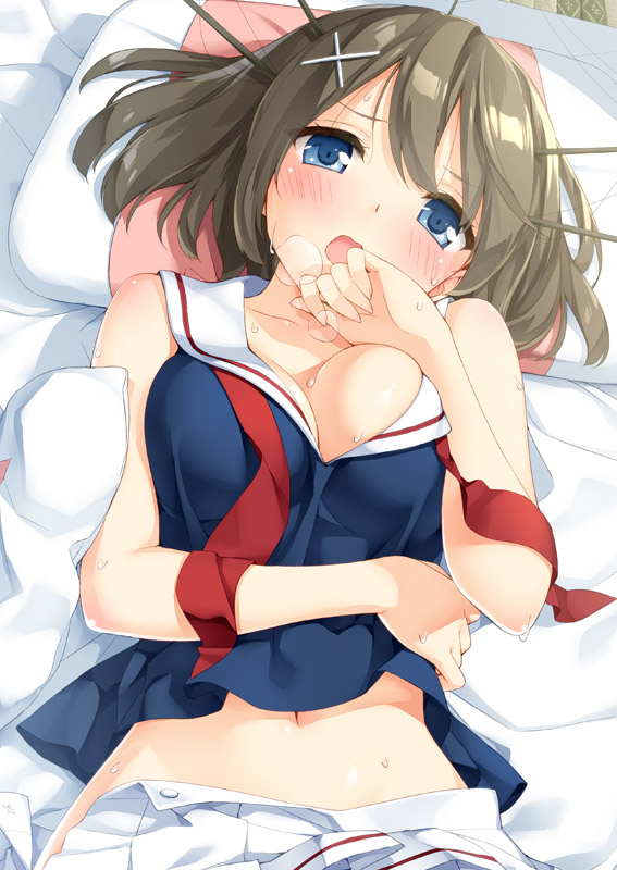 1girl ascot blue_eyes blush breasts breath brown_hair cleavage futon hair_ornament hairclip headgear kantai_collection large_breasts looking_at_viewer lying maya_(kantai_collection) navel on_back open_clothes open_mouth open_skirt peko pillow school_uniform shirt short_hair skirt sleeveless sleeveless_shirt solo sweat untied upper_body