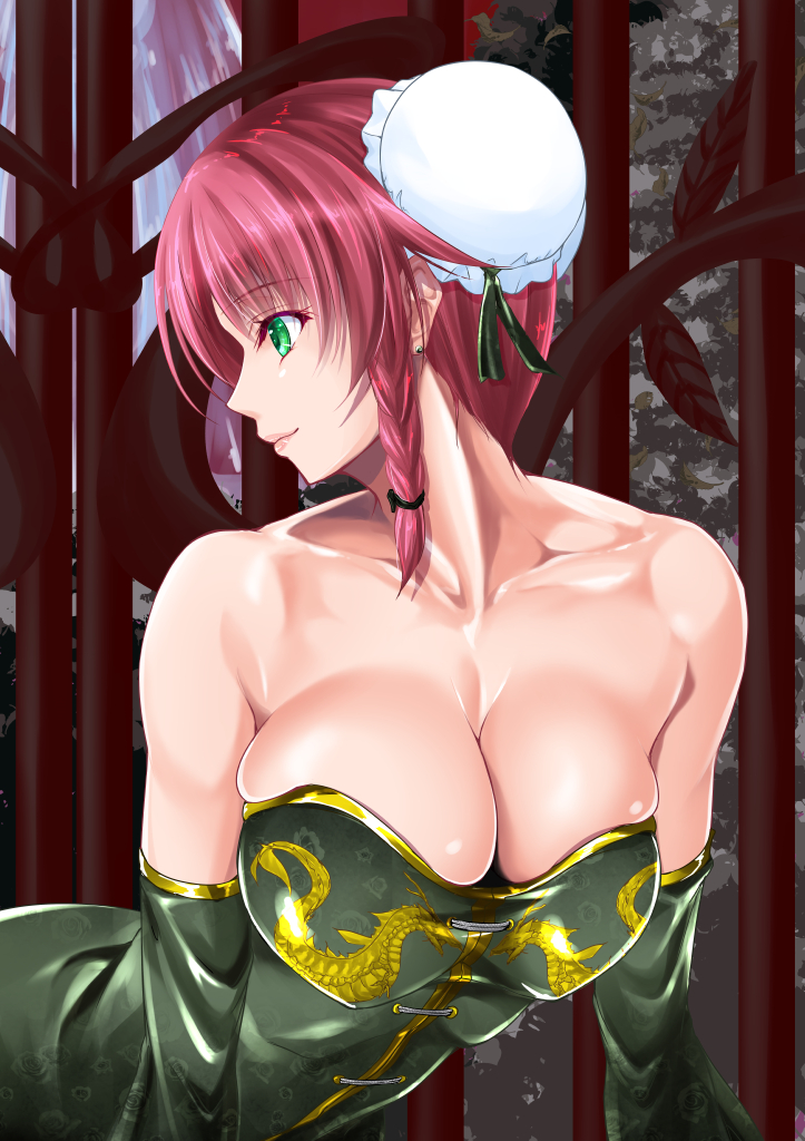 1girl adapted_costume alternate_costume alternate_hairstyle bare_shoulders braid breasts bun_cover chignon chinese cleavage collarbone commentary_request dragon dragon_print dress earrings elbow_gloves eyebrows_visible_through_hair female formal gate gloves green_dress green_eyes green_gloves hong_meiling jewelry large_breasts leaning leaning_forward lips looking_back maho_(yakimorokoshi) neck profile redhead short_hair smile solo strapless strapless_dress stud_earrings touhou