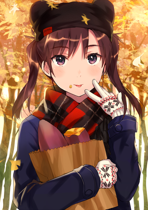 1girl animal_hat bag bangs bear_hat black_hat blue_coat blush brown_hair closed_mouth commentary_request day eyebrows_visible_through_hair food food_on_face gloves hair_between_eyes hat long_hair long_sleeves looking_at_viewer object_hug original outdoors paper_bag plaid plaid_scarf print_gloves red_scarf scarf solo sweet_potato tan_(tangent) tongue tongue_out twintails violet_eyes white_gloves yakiimo