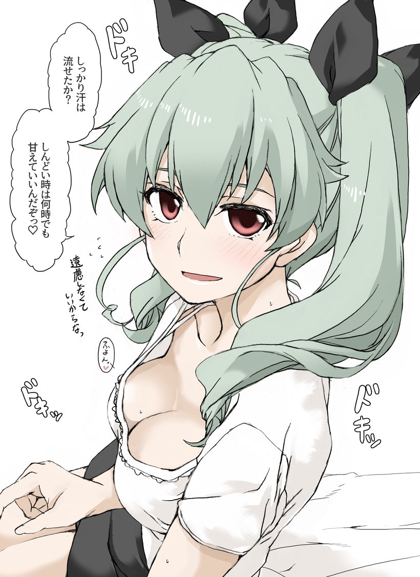 1girl alternate_costume anchovy black_ribbon black_skirt blush breasts cleavage commentary downblouse drill_hair elf_(stroll_in_the_woods) eyebrows_visible_through_hair girls_und_panzer green_hair hair_between_eyes hair_ribbon looking_at_viewer medium_breasts open_mouth red_eyes ribbon see-through skirt solo sweat translation_request twin_drills twintails white_background
