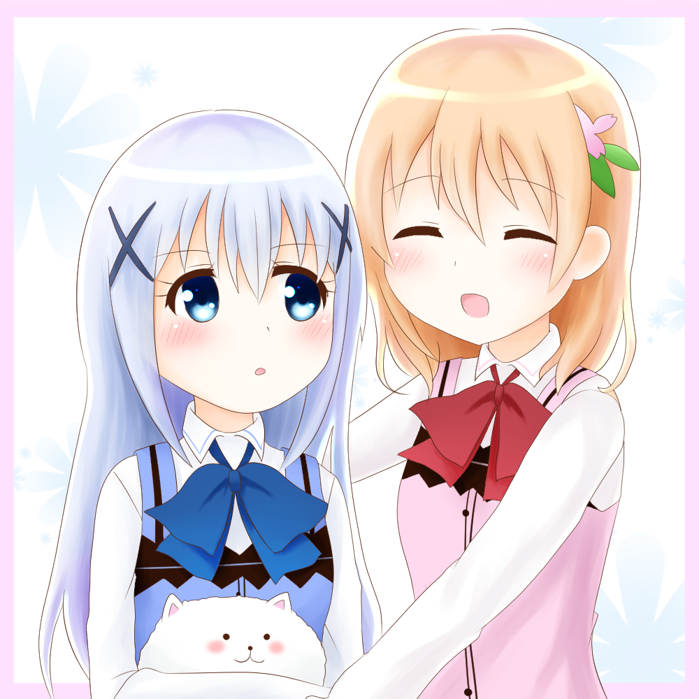 2girls :3 :d :o ^_^ angora_rabbit animal bangs blue_eyes blue_neckwear blue_vest blush bow bowtie breasts buttons closed_eyes collared_shirt eyebrows_visible_through_hair facing_another gochuumon_wa_usagi_desu_ka? hair_between_eyes hair_ornament hairclip holding holding_animal hoto_cocoa kafuu_chino light_blue_hair long_hair lunatic. multiple_girls open_mouth orange_hair outstretched_arms pink_border pink_vest rabbit rabbit_house_uniform red_neckwear shirt sidelocks small_breasts smile tippy_(gochiusa) two-tone_background upper_body vest white_shirt wing_collar x_hair_ornament