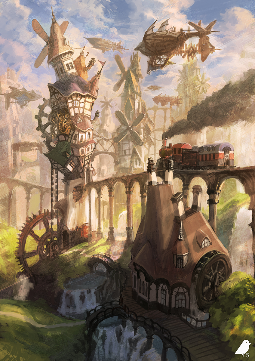 aircraft airship blue_sky bridge chimney clouds cloudy_sky commentary_request fantasy grass ground_vehicle highres house no_humans original outdoors path railroad_tracks river road scenery signature sky smoke tower train water water_wheel waterfall windmill you_shimizu