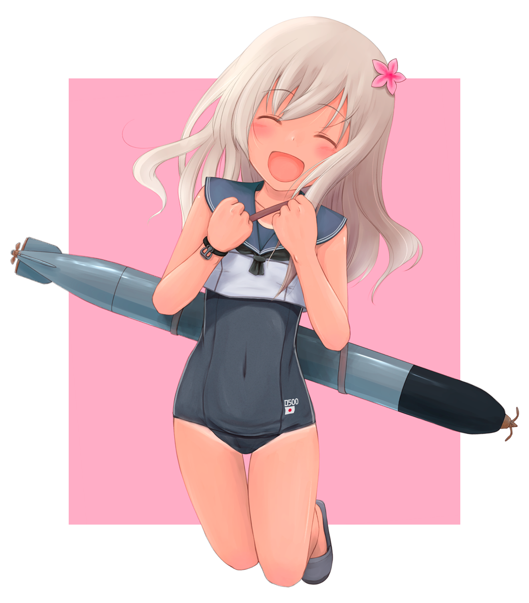 1girl blonde_hair blue_sailor_collar clenched_hand closed_eyes crop_top flower full_body hair_flower hair_ornament highres kantai_collection lost_july one-piece_swimsuit one-piece_tan open_mouth ro-500_(kantai_collection) sailor_collar sandals school_swimsuit smile solo swimsuit swimsuit_under_clothes tan tanline torpedo
