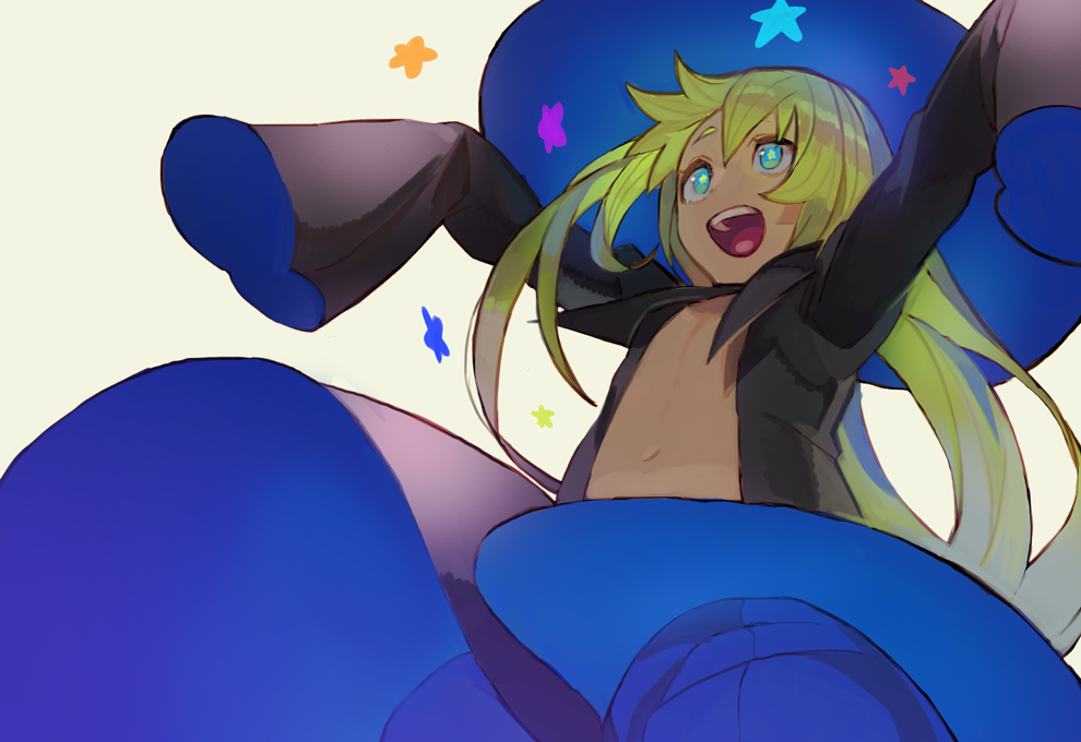 1girl :d aqua_eyes bangs black_dress blonde_hair commentary dress flat_chest from_below glowing glowing_eyes grey_background hair_between_eyes hands_in_sleeves hat kibadori_rue long_sleeves navel open_mouth scp-239 scp_foundation simple_background smile solo star witch witch_hat