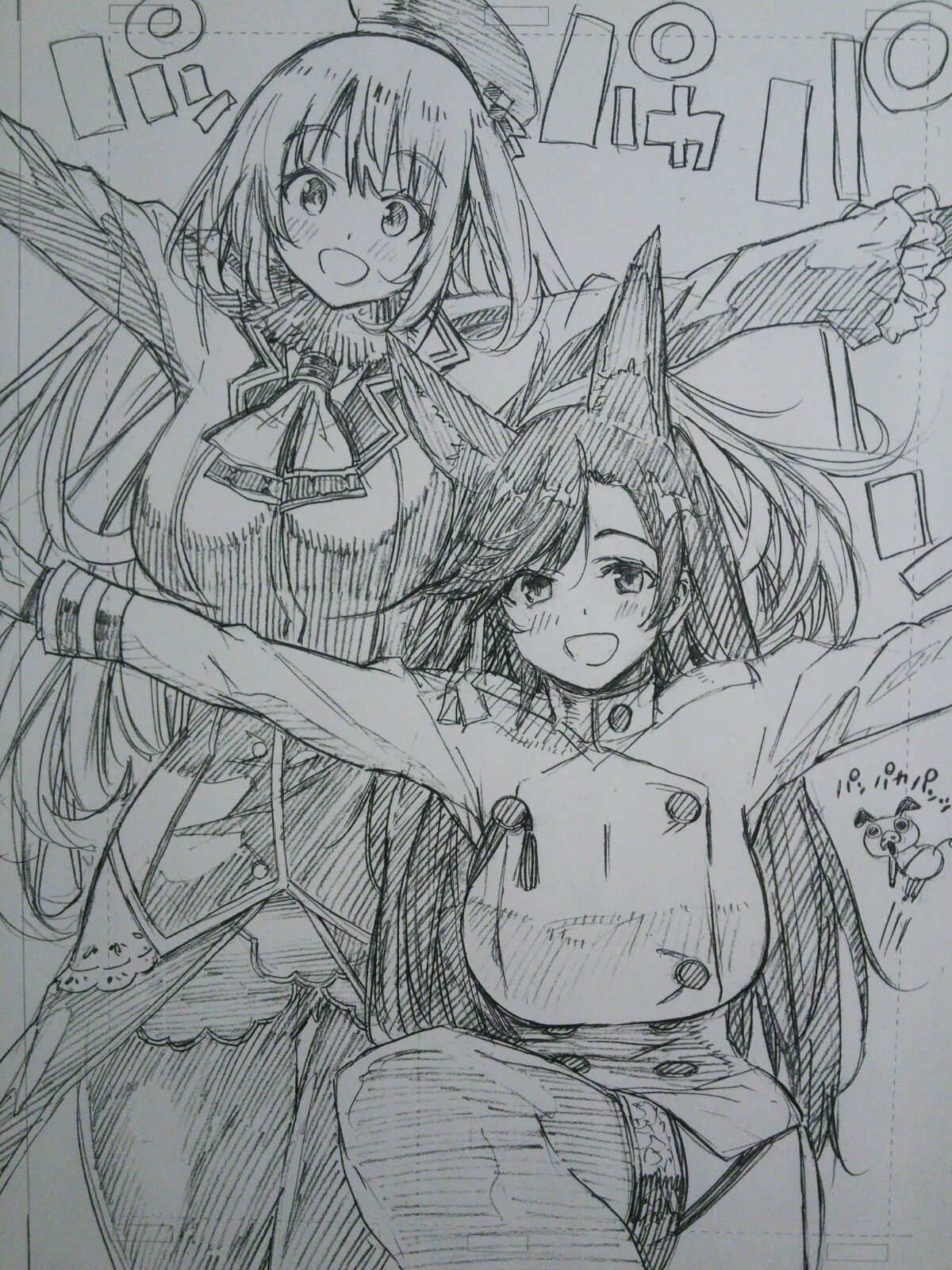 2girls :d animal_ears ascot atago_(azur_lane) atago_(kantai_collection) azur_lane beret commentary_request crossover fox_ears graphite_(medium) greyscale hat highres kantai_collection kojima_takeshi monochrome multiple_girls open_mouth outstretched_arms pan-pa-ka-paaan! sketch smile spread_arms traditional_media translated
