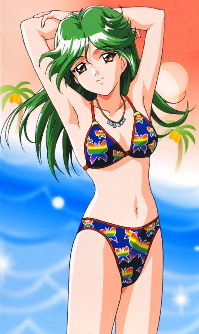 1girl animal_print armpits arms_behind_head arms_up asou_kasumi bangs bikini butterfly_print collarbone cowboy_shot eyebrows_visible_through_hair green_hair jewelry kokura_masashi konami long_hair multicolored multicolored_clothes multicolored_swimsuit navel necklace official_art orange_eyes smile solo swimsuit tokimeki_memorial tokimeki_memorial_2