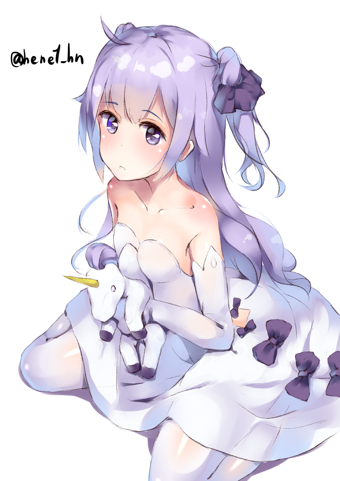 1girl :o azur_lane bangs bare_shoulders black_bow black_ribbon blush bow collarbone commentary_request dress elbow_gloves eyebrows_visible_through_hair gloves hair_ribbon henet_hene holding holding_stuffed_animal long_hair looking_at_viewer looking_to_the_side parted_lips purple_hair ribbon simple_background sitting solo strapless strapless_dress stuffed_animal stuffed_toy stuffed_unicorn thigh-highs twitter_username two_side_up unicorn_(azur_lane) very_long_hair violet_eyes wariza white_background white_dress white_gloves white_legwear