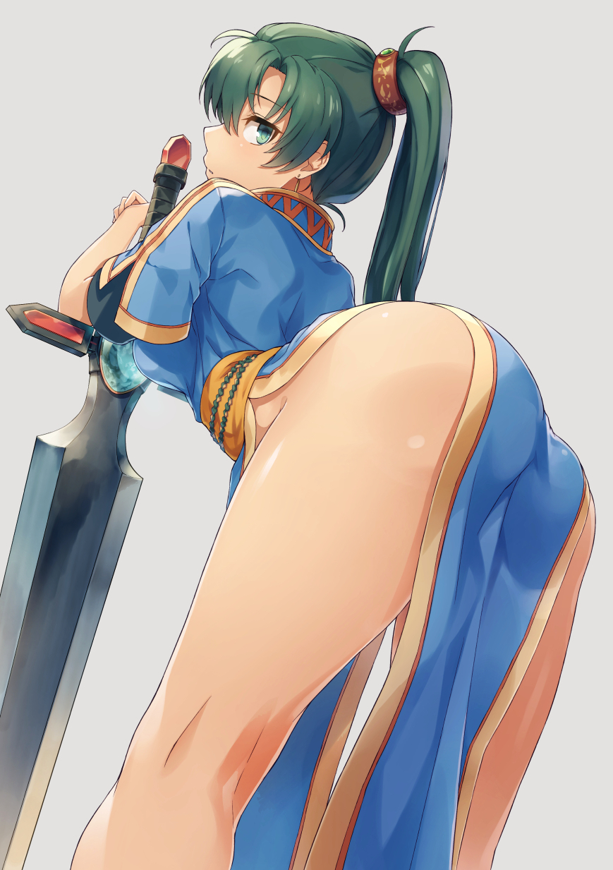 1girl arched_back ass bangs bent_over blush closed_mouth commentary_request dress durandal_(fire_emblem) earrings fingerless_gloves fire_emblem fire_emblem:_rekka_no_ken gloves green_eyes green_hair grey_background high_ponytail highres jewelry kneepits long_hair looking_at_viewer looking_back lyndis_(fire_emblem) no_panties parted_bangs pelvic_curtain planted_sword planted_weapon ponytail profile shinon_(tokage_shuryou) simple_background solo sword thighs very_long_hair weapon