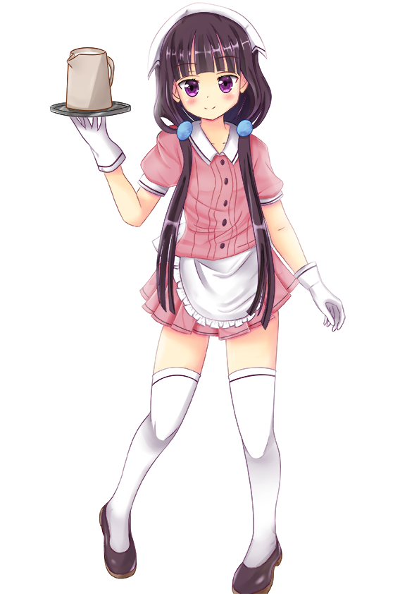 1girl arm_up bangs black_hair blend_s blunt_bangs blush brown_footwear closed_mouth collarbone collared_shirt commentary_request eyebrows_visible_through_hair full_body gloves hair_ornament head_scarf head_tilt holding holding_tray jug looking_at_viewer pink_shirt pink_skirt pleated_skirt sakuranomiya_maika shirt shoes simple_background skirt smile solo ss851251 standing thigh-highs tray uniform violet_eyes waitress white_background white_gloves white_legwear