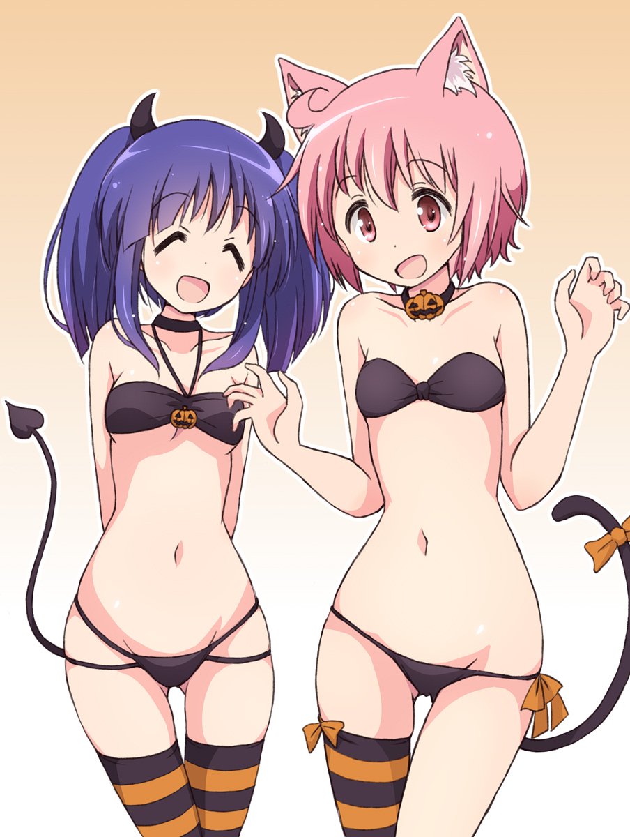 2girls :d ^_^ ahoge animal_ears arms_behind_back bangs bikini black_bikini black_neckwear bow breasts cat_ears cat_tail choker closed_eyes collarbone commentary_request cowboy_shot demon_horns demon_tail eyebrows_visible_through_hair facing_viewer gradient gradient_background groin halter_top halterneck highres hinata_yukari horns kemonomimi_mode long_hair looking_at_viewer mel_(melty_pot) multiple_girls navel nonohara_yuzuko open_mouth orange_bow outline pink_eyes pink_hair purple_hair short_hair single_thighhigh small_breasts smile stomach striped striped_legwear swimsuit tail tail_bow thigh-highs twintails two-tone_background white_outline yuyushiki