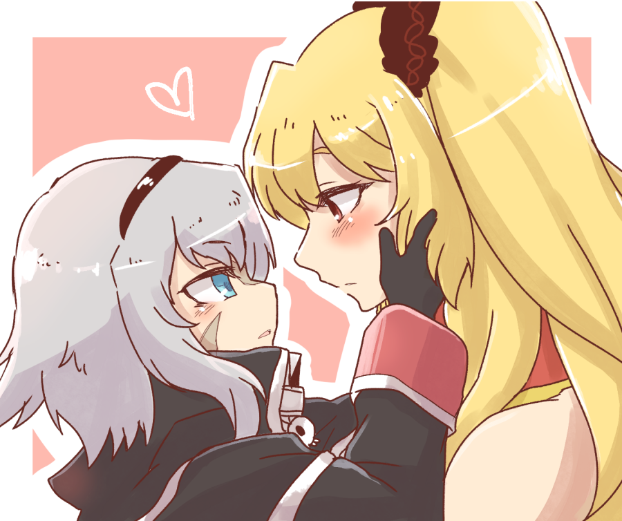 2girls anne_bonny_(fate/grand_order) black_gloves blush face-to-face fate/grand_order fate_(series) from_side gloves hairband hands_on_another's_cheeks hands_on_another's_face heart kagosumi looking_at_another mary_read_(fate/grand_order) multiple_girls open_mouth scrunchie silver_hair twintails yuri