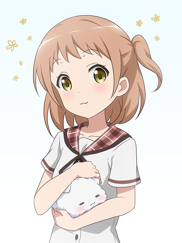 1girl :3 =_= angora_rabbit animal bangs blouse blush breasts closed_eyes closed_mouth collarbone commentary extra eyebrows_visible_through_hair flower gochuumon_wa_usagi_desu_ka? holding holding_animal hoto_cocoa's_school_uniform light_brown_hair looking_at_viewer one_side_up petting plaid_sailor_collar rabbit red_sailor_collar red_star_(toranecomet) sailor_collar school_uniform serafuku short_hair short_sleeves small_breasts tippy_(gochiusa) upper_body white_background white_blouse yellow_eyes