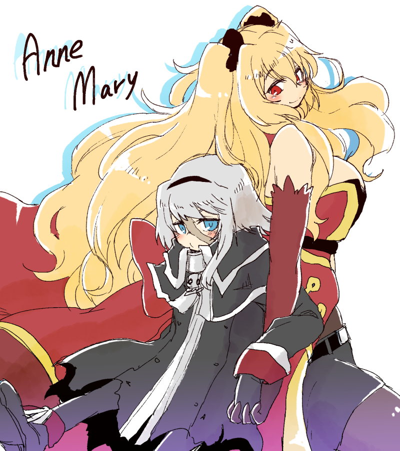 2girls anne_bonny_(fate/grand_order) bare_shoulders black_footwear black_gloves blonde_hair blue_eyes blush breasts character_name fate/grand_order fate_(series) gloves hand_holding height_difference interlocked_fingers kagosumi looking_at_another looking_at_viewer looking_down mary_read_(fate/grand_order) multiple_girls red_eyes scrunchie sideboob silver_hair smile twintails