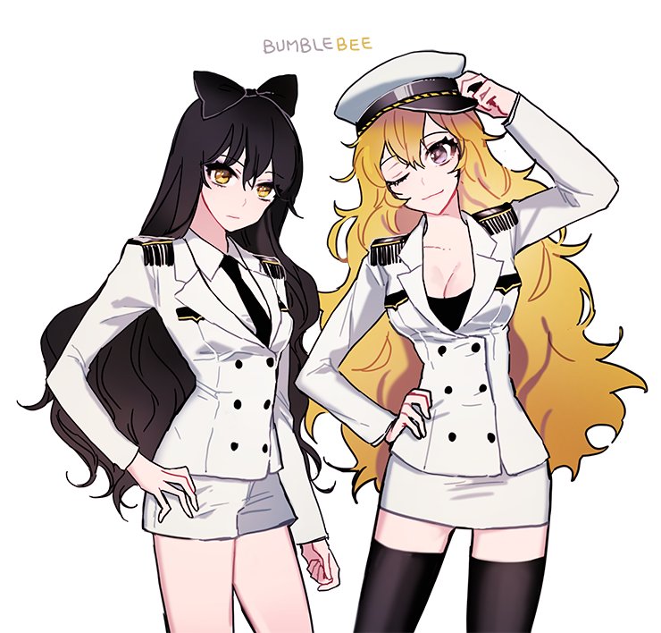 2girls black_hair blake_belladonna blonde_hair ecru english genie_(song) girls'_generation hat military military_uniform multiple_girls naval_uniform necktie one_eye_closed peaked_cap rwby uniform violet_eyes yang_xiao_long yellow_eyes