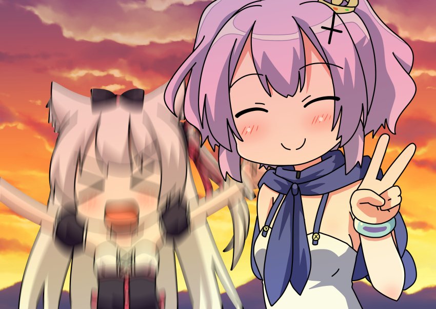 &gt;_&lt; 2girls animal_ears azur_lane blush breasts cat_ears closed_eyes clouds commentary_request grey_hair hair_ornament hair_ribbon hairclip hammann_(azur_lane) javelin_(azur_lane) long_hair minami_(colorful_palette) motion_blur multiple_girls open_mouth outstretched_arms purple_hair ribbon short_hair smile spread_arms sunset v xd