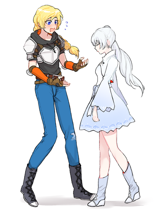 2girls blonde_hair boots chuu closed_eyes fingerless_gloves genderswap genderswap_(mtf) gloves green_eyes jaune_arc multiple_girls rwby weiss_schnee white_hair