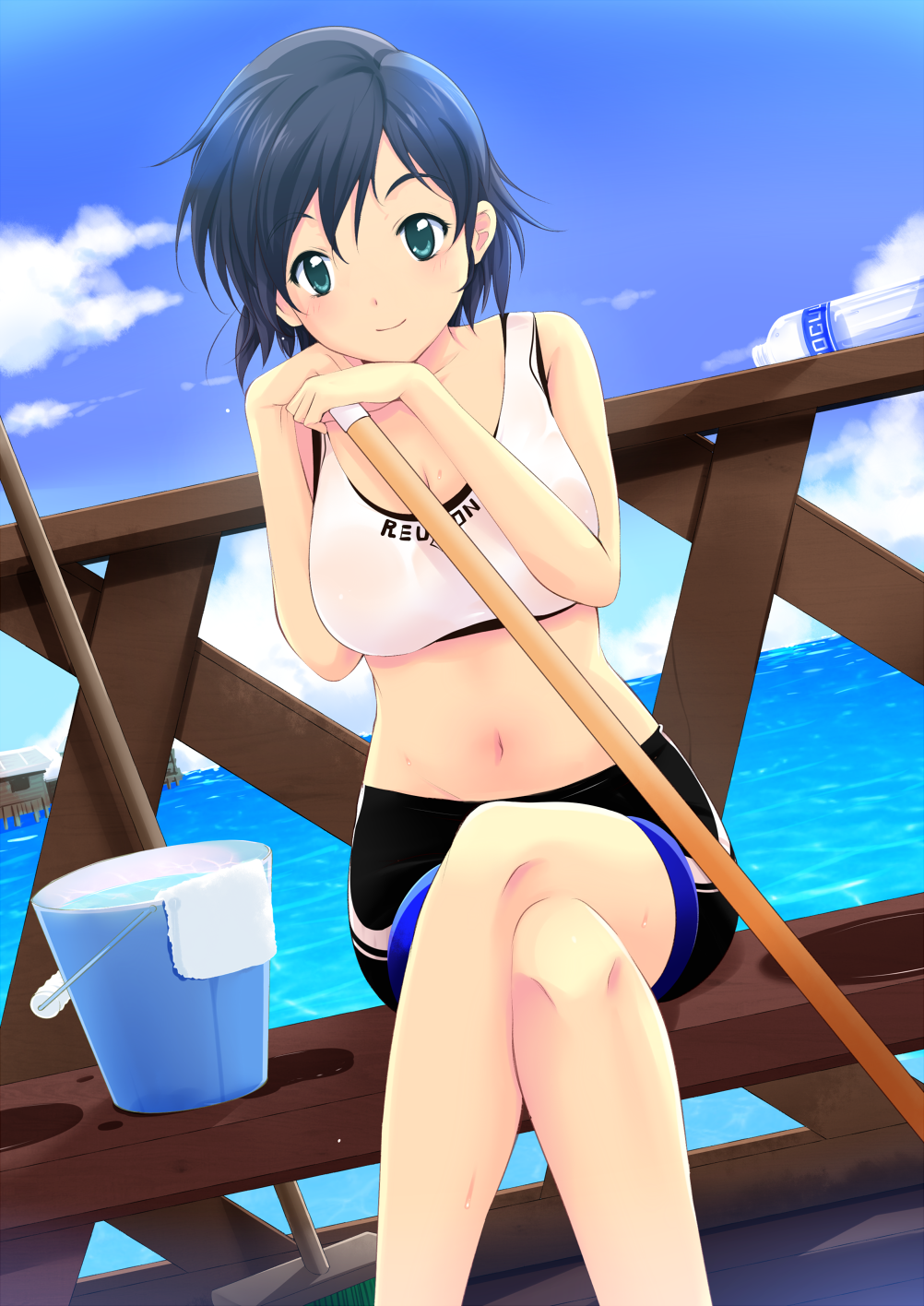 1girl bangs bare_arms bare_shoulders bike_shorts black_shorts blue_hair blue_sky blush bottle breasts broom character_request cleavage closed_mouth collarbone day dutch_angle f&amp;c foreshortening green_eyes highres horizon katori_(mocchidou) legs_crossed medium_breasts navel ocean outdoors puddle see-through short_hair shorts sitting sky smile solo sports_bra stomach swept_bangs tareme towel water water_bottle wet wet_clothes