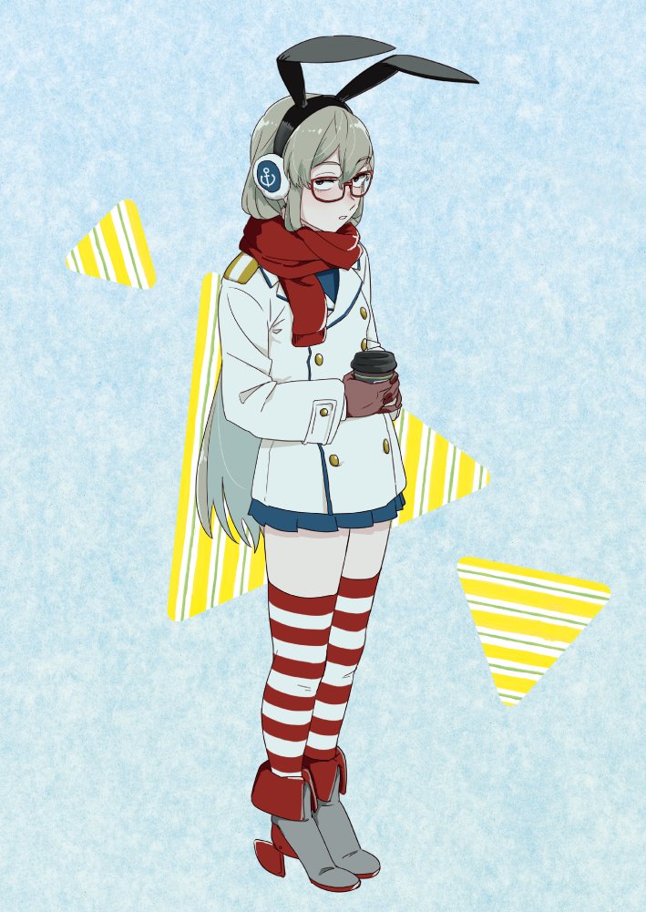 1girl anchor_print bangs bespectacled black_hairband blue_skirt brown_gloves bunny_headphones buttons coat coffee coffee_cup cup earmuffs eyebrows_visible_through_hair full_body glasses gloves grey_eyes grey_hair hair_between_eyes hairband headphones high_heels holding holding_cup kantai_collection legs_together long_hair long_sleeves looking_at_viewer microskirt miniskirt ojipon open_mouth pleated_skirt red-framed_eyewear red_scarf scarf shimakaze_(kantai_collection) shirt shoes skirt solo standing striped striped_legwear thigh-highs very_long_hair white_coat