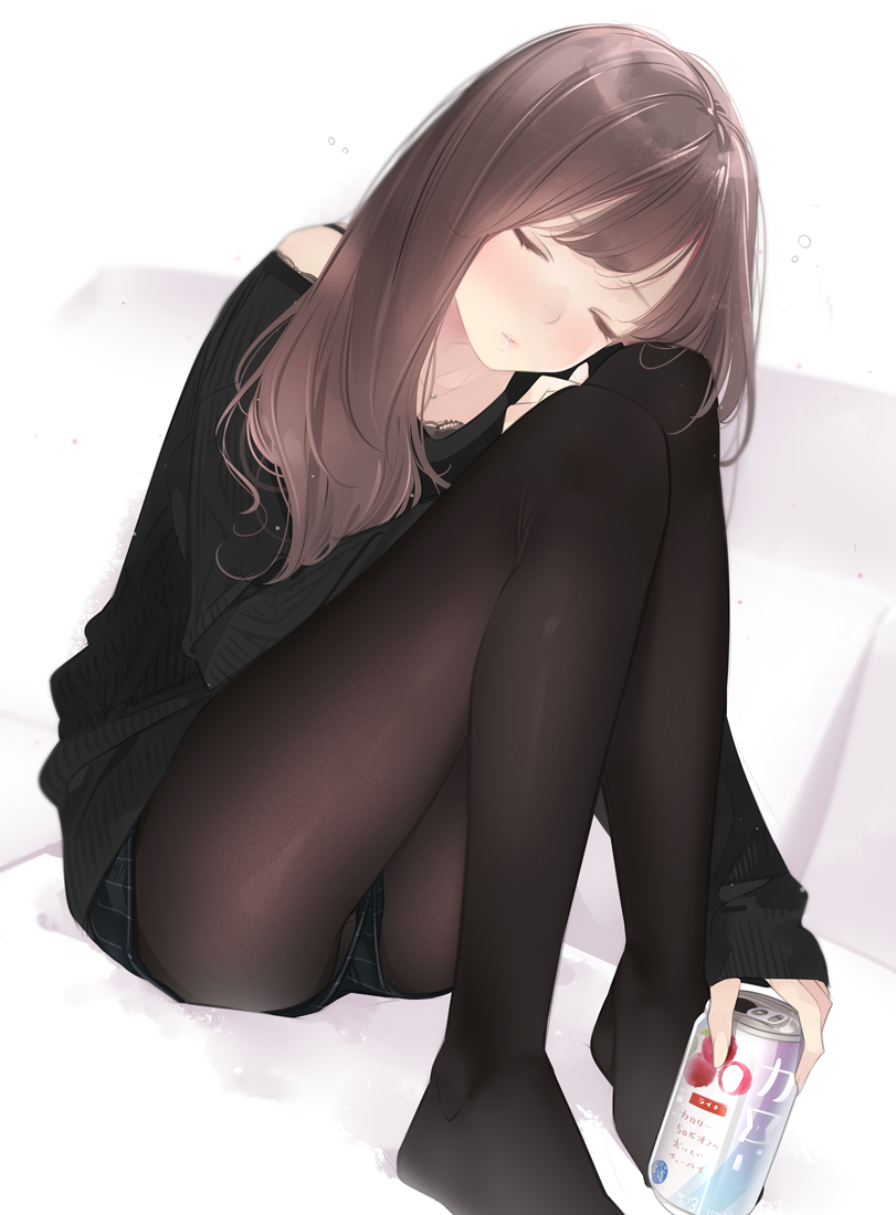 1girl ama_mitsuki ass black_shorts black_sweater bra_strap brown_hair brown_legwear can closed_eyes commentary_request facing_viewer fine_fabric_emphasis holding holding_can knees_up long_hair long_sleeves no_shoes original pantyhose parted_lips short_shorts shorts sitting sleeping solo sweater